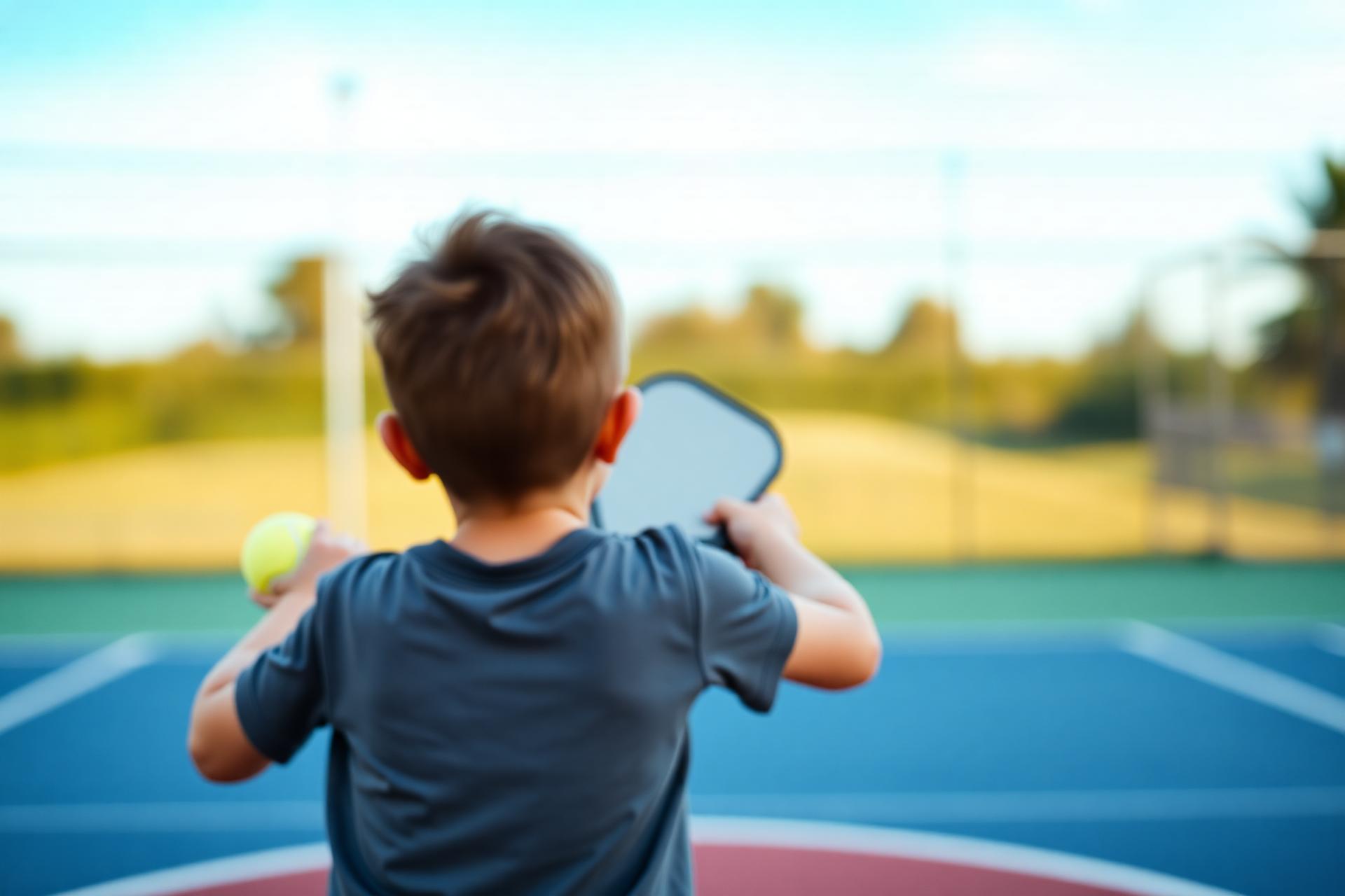 Young pickleball player from behind on an outdoor court